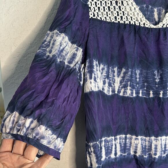 Calypso St Barth Target 100% Silk Purple Blue Tie Dye Blouse Crochet Resortwear - Picture 3 of 8